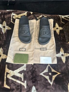 Gucci All-Black Rubber Classic Interlocking GG Slide Sandals